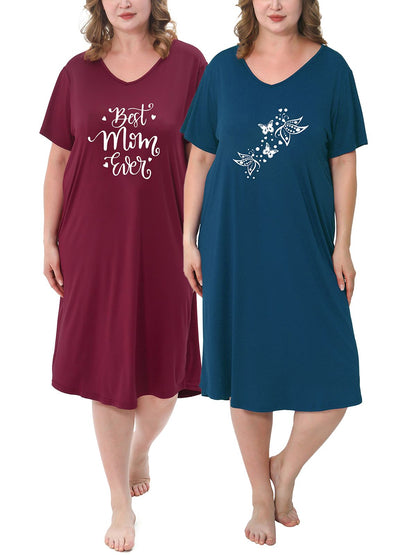 FEREMO Plus Size Nightgowns for Women Short Sleeve Printed Sleepwear Long Comfy Sleep Gown 2 Pack