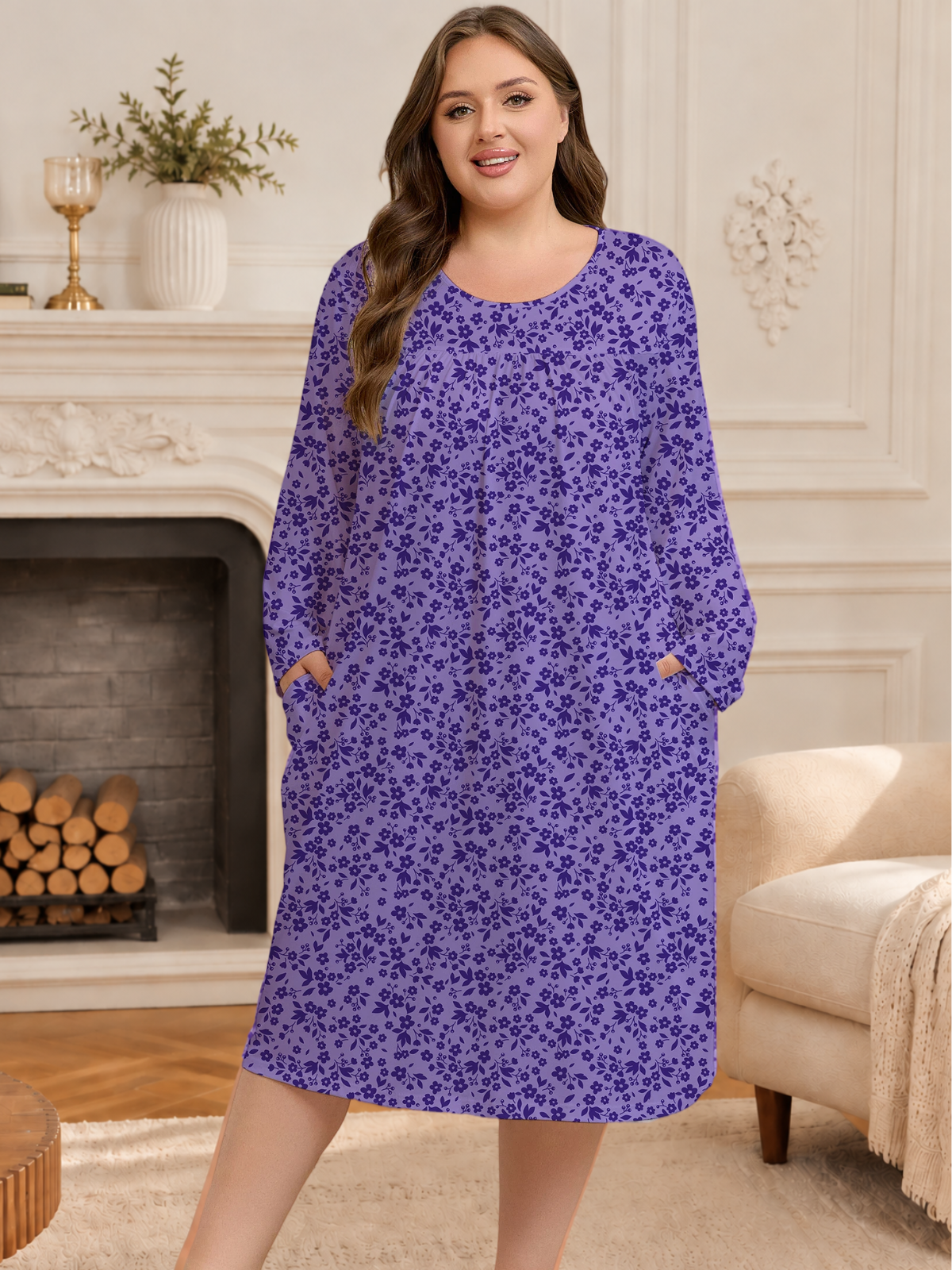 FEREMO Womens Plus Size Nightgowns Long Sleeve Crew Neck Pleated Night Dress Printed Sleepwear with Pockets