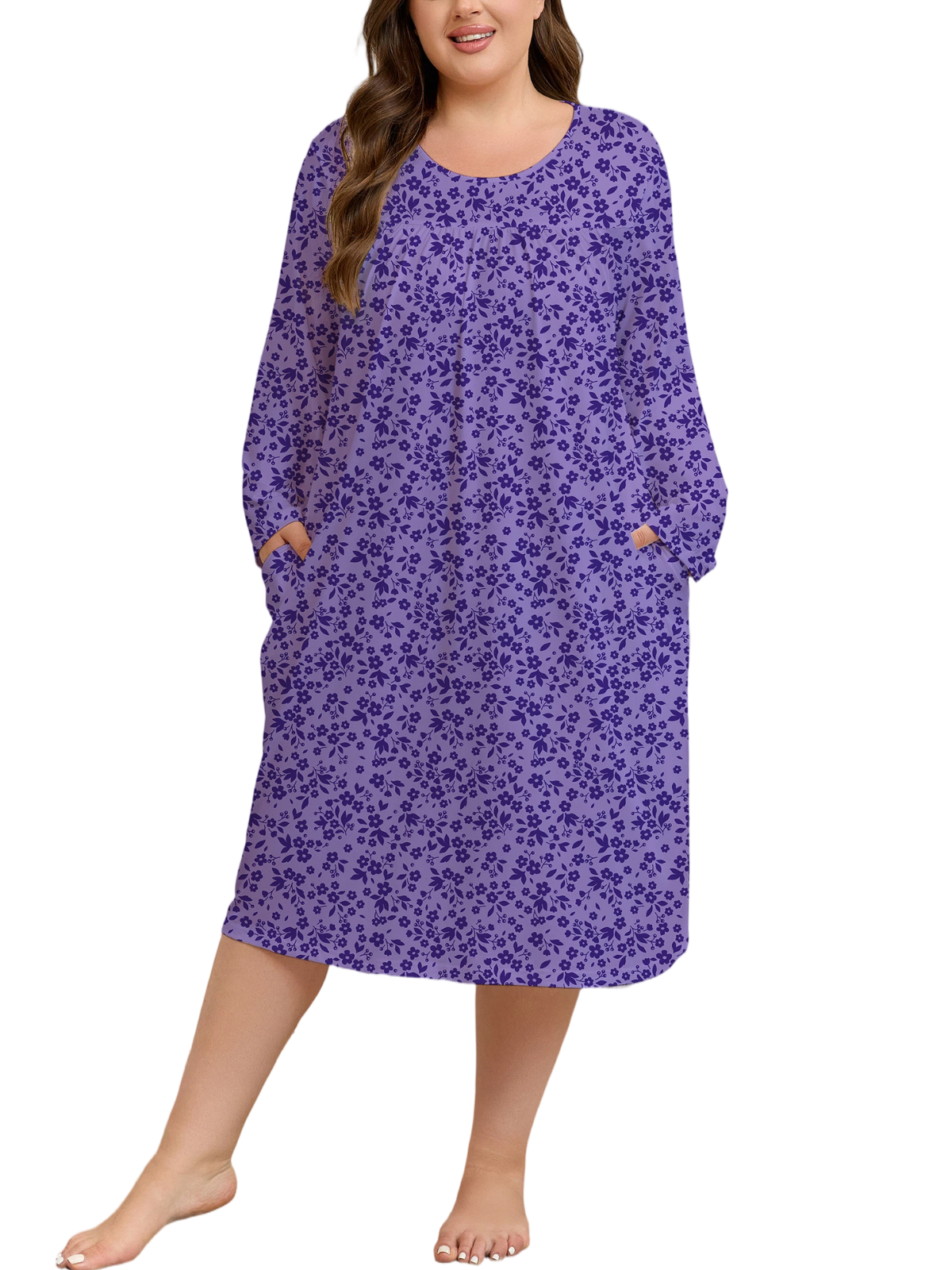 FEREMO Womens Plus Size Nightgowns Long Sleeve Crew Neck Pleated Night Dress Printed Sleepwear with Pockets