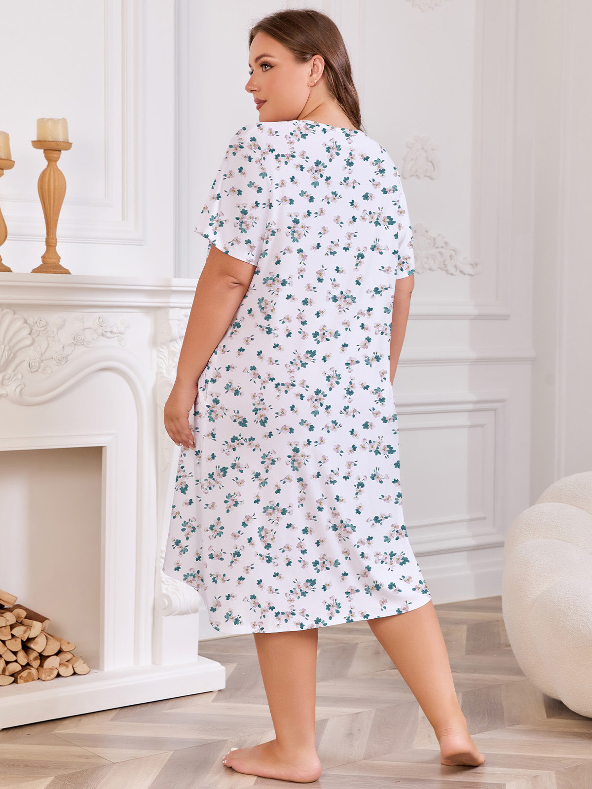 Nightgowns for Women Plus Size Floral Print Short Sleeve Pleated Sleepwear