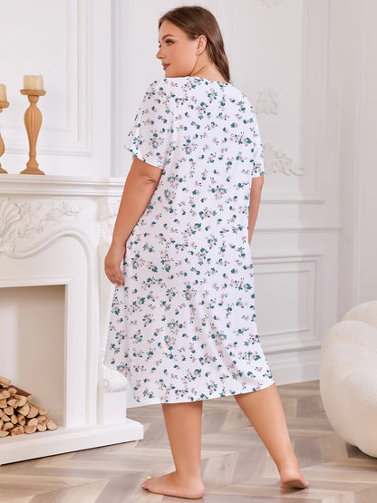 Nightgowns for Women Plus Size Floral Print Short Sleeve Pleated Sleepwear