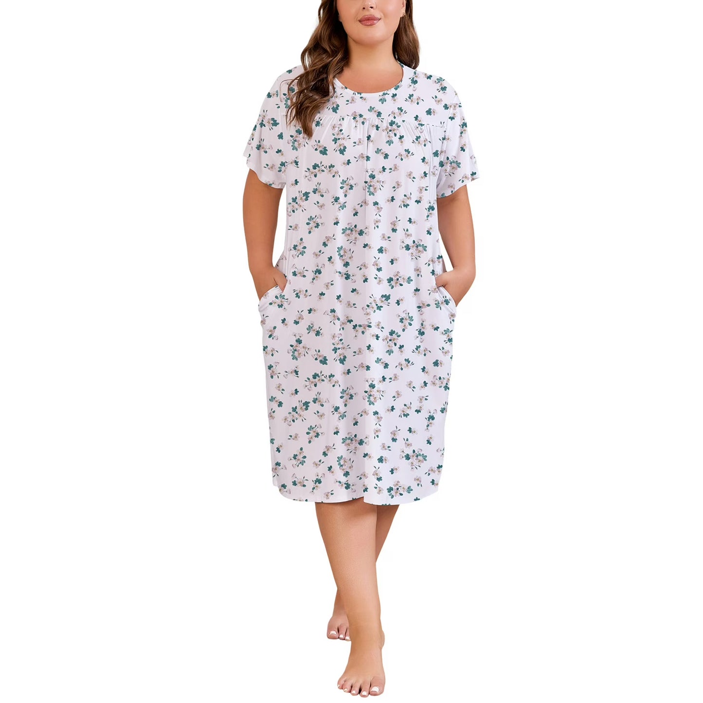 Nightgowns for Women Plus Size Floral Print Short Sleeve Pleated Sleepwear