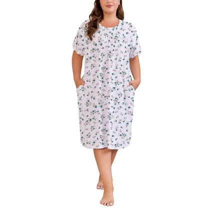 Nightgowns for Women Plus Size Floral Print Short Sleeve Pleated Sleepwear