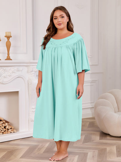 100% Cotton Nightgowns for Plus Size Women Pleated Soft Sleepwear with Pockets