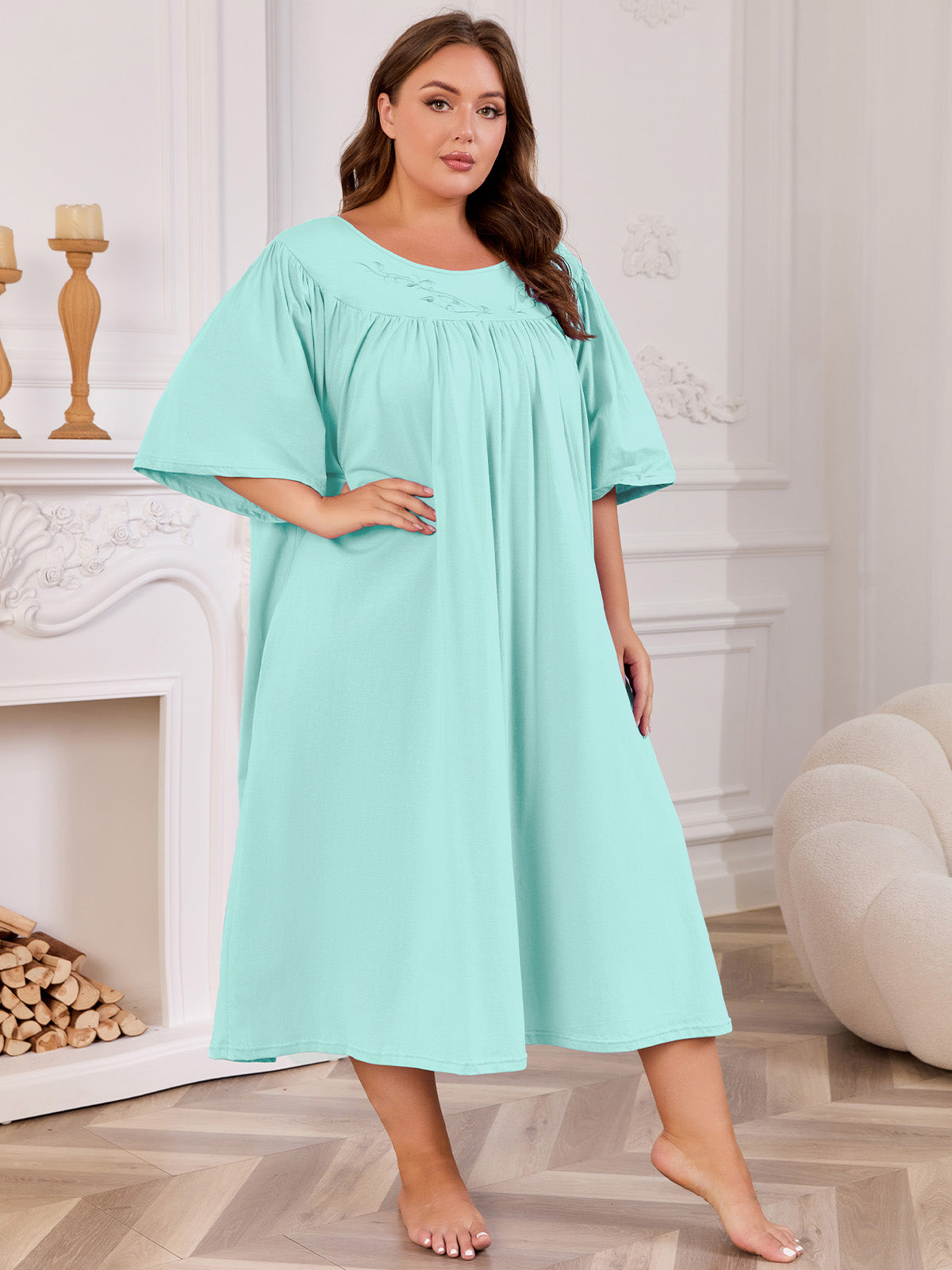 100% Cotton Nightgowns for Plus Size Women Pleated Soft Sleepwear with Pockets