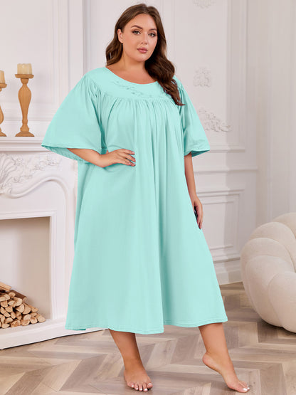100% Cotton Nightgowns for Plus Size Women Pleated Soft Sleepwear with Pockets