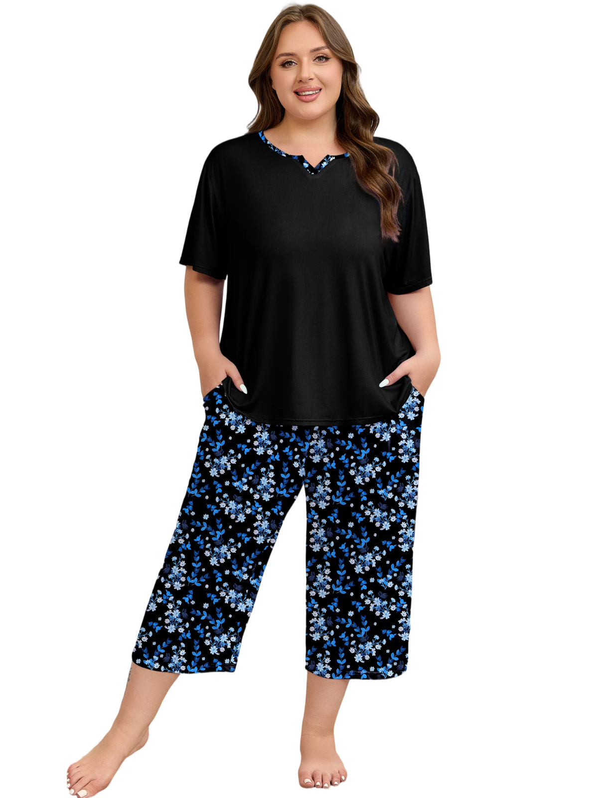 FEREMO Plus Size Women's Pajama Set Short Sleeve Shirt and Capri Pants Sleepwear Pjs Sets with Pockets