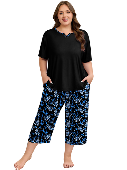 FEREMO Plus Size Women's Pajama Set Short Sleeve Shirt and Capri Pants Sleepwear Pjs Sets with Pockets