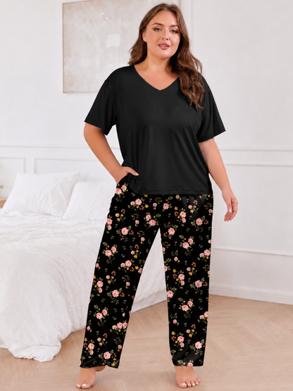 FEREMO Women Plus Size Pajamas Set Short Sleeve V Neck Sleepwear, 2 Piece Pjs Sets with Pockets