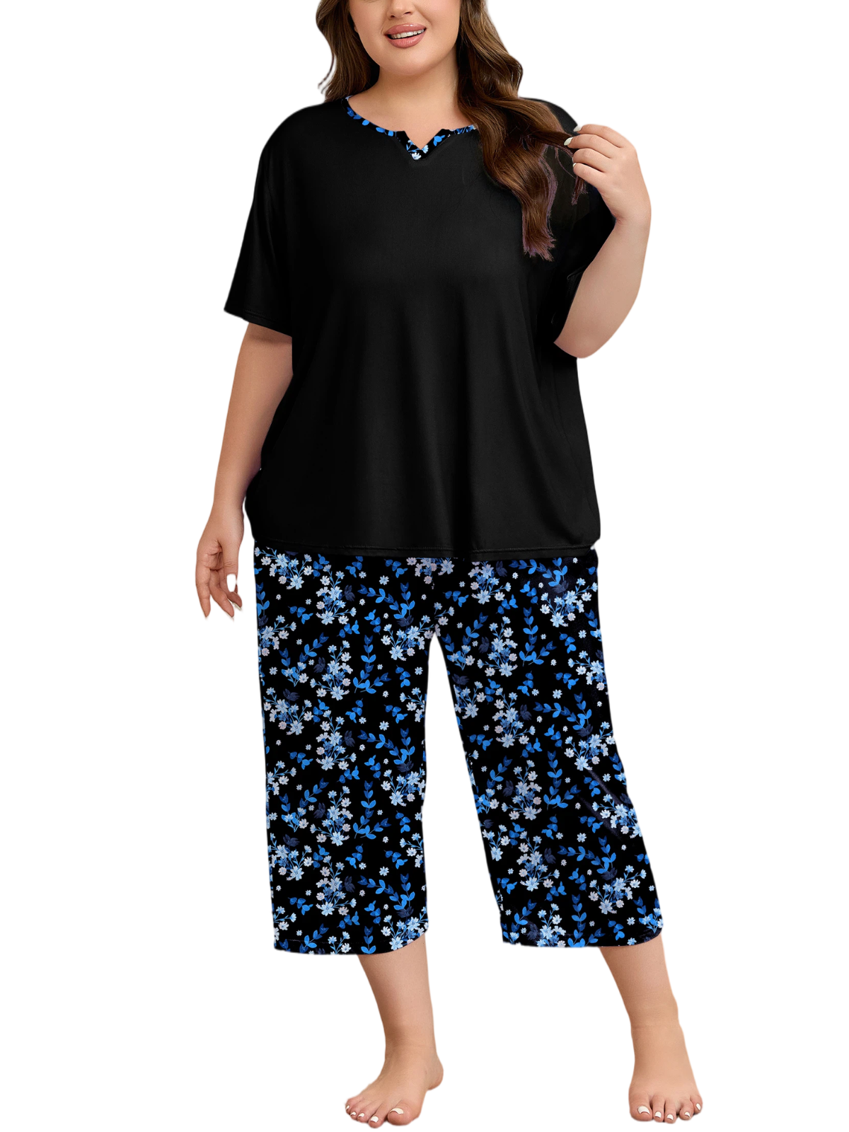 FEREMO Plus Size Women's Pajama Set Short Sleeve Shirt and Capri Pants Sleepwear Pjs Sets with Pockets