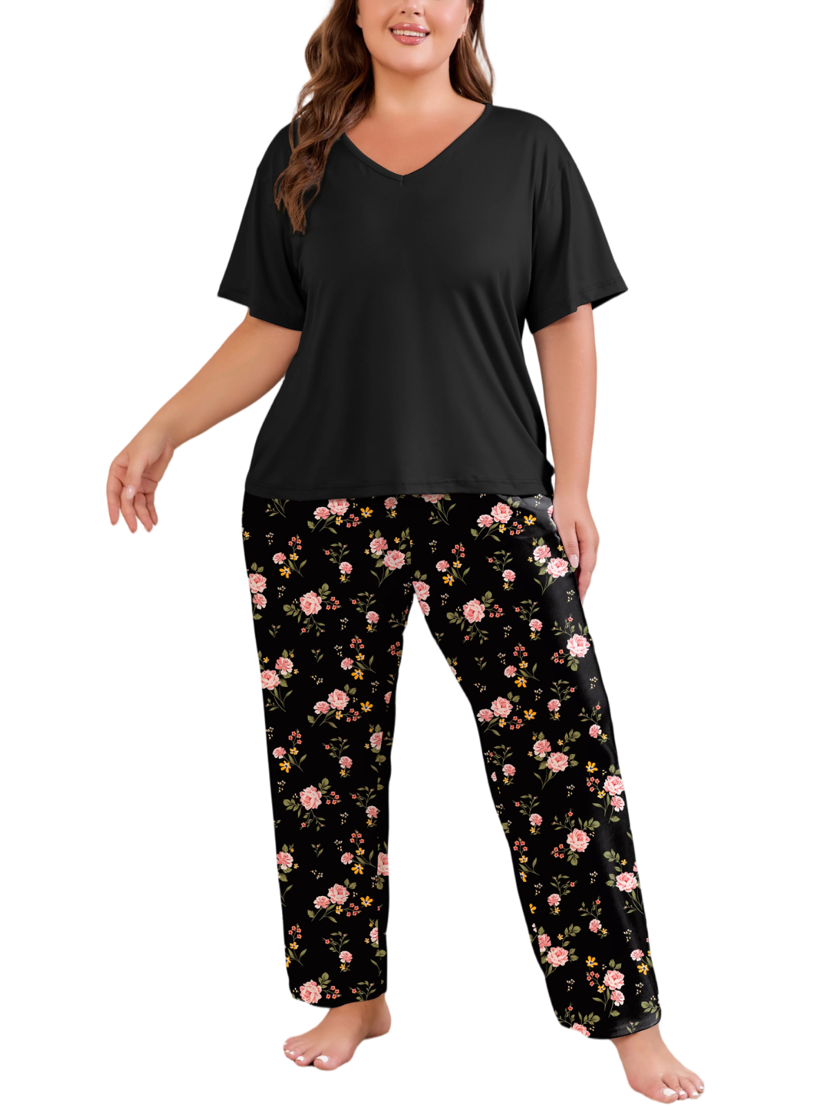FEREMO Women Plus Size Pajamas Set Short Sleeve V Neck Sleepwear, 2 Piece Pjs Sets with Pockets