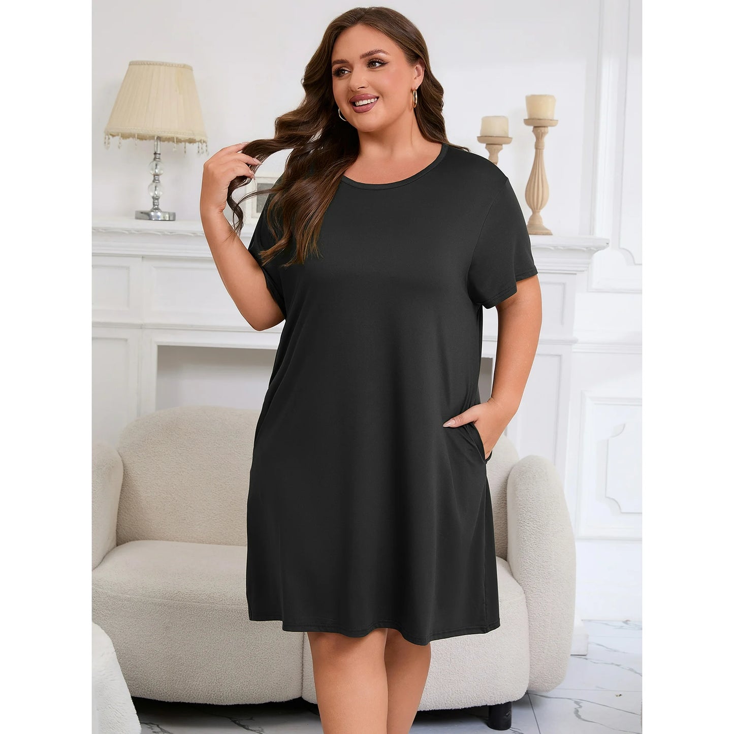 Nightgowns for Women Plus Size Print Pajama Dress Short Sleeves Sleepwear with Pockets 3 Pack