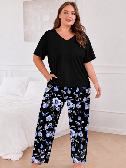 FEREMO Women Plus Size Pajamas Set Short Sleeve V Neck Sleepwear, 2 Piece Pjs Sets with Pockets
