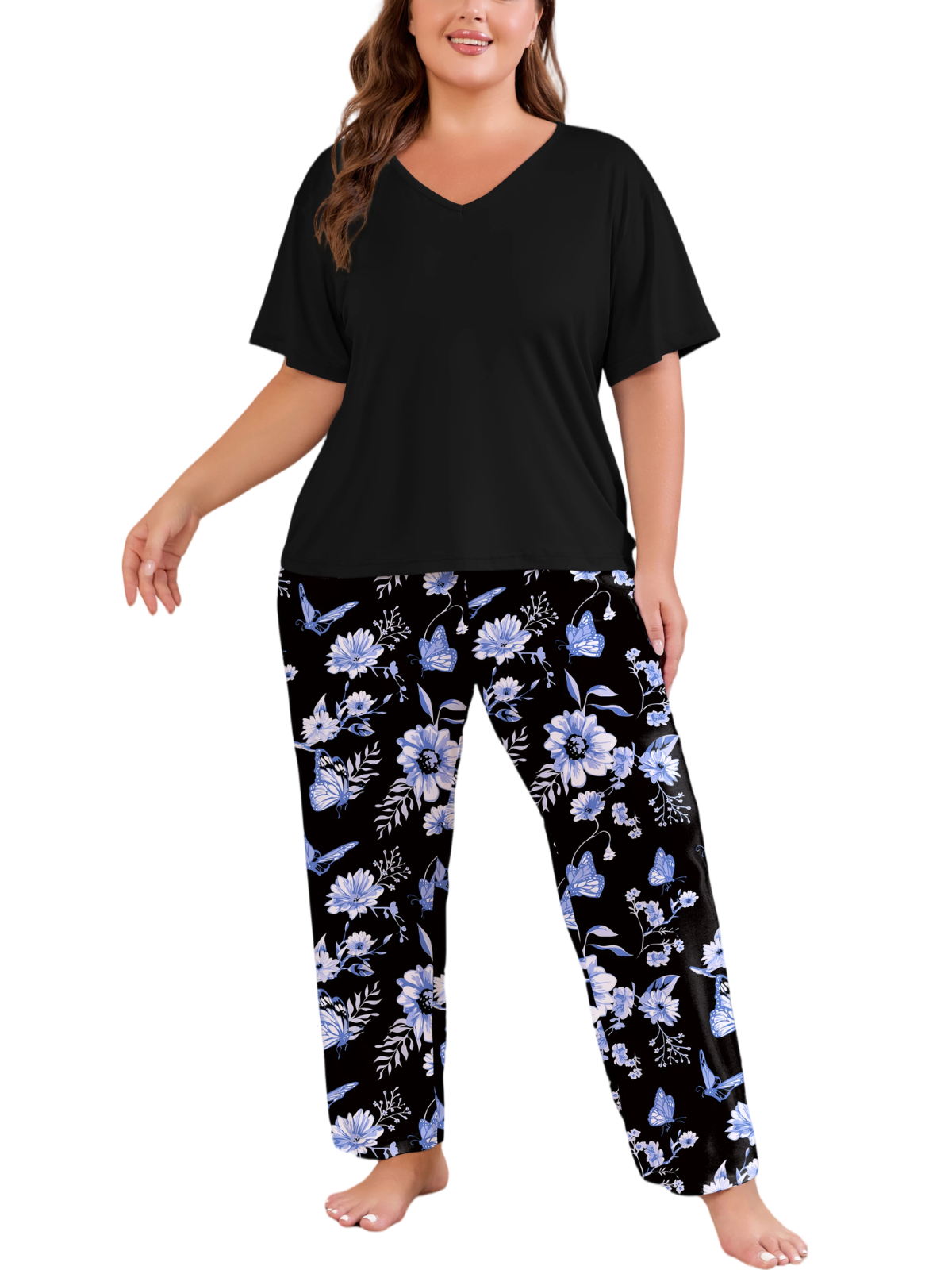 FEREMO Women Plus Size Pajamas Set Short Sleeve V Neck Sleepwear, 2 Piece Pjs Sets with Pockets