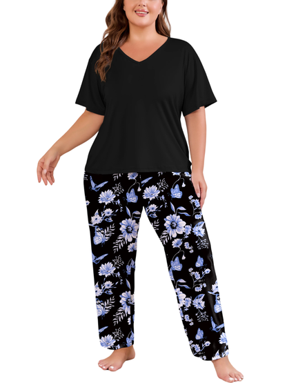 FEREMO Women Plus Size Pajamas Set Short Sleeve V Neck Sleepwear, 2 Piece Pjs Sets with Pockets