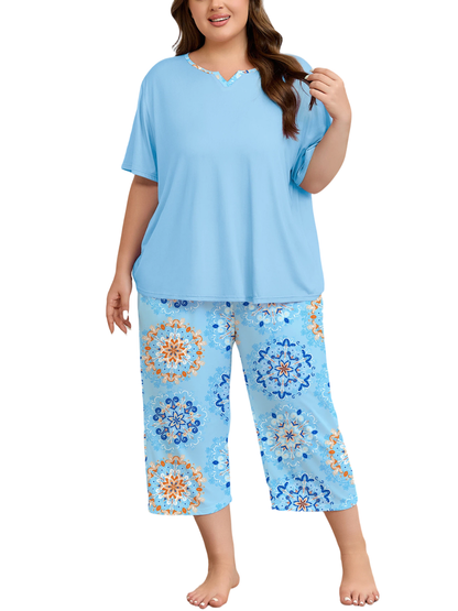 FEREMO Plus Size Women's Pajama Set Short Sleeve Shirt and Capri Pants Sleepwear Pjs Sets with Pockets