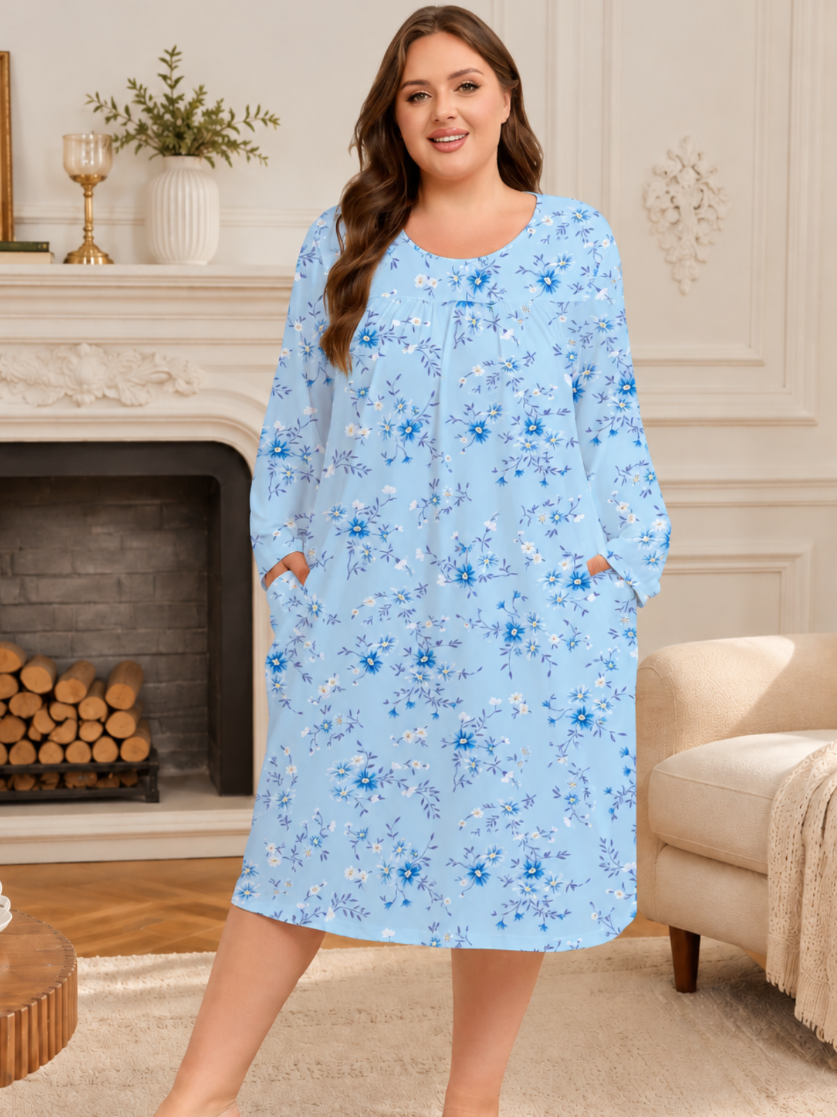 FEREMO Womens Plus Size Nightgowns Long Sleeve Crew Neck Pleated Night Dress Printed Sleepwear with Pockets