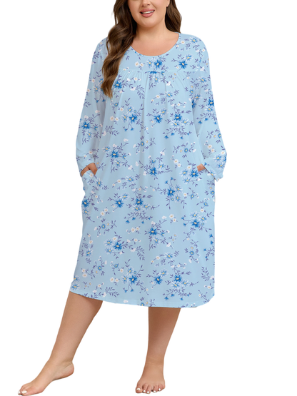 FEREMO Womens Plus Size Nightgowns Long Sleeve Crew Neck Pleated Night Dress Printed Sleepwear with Pockets