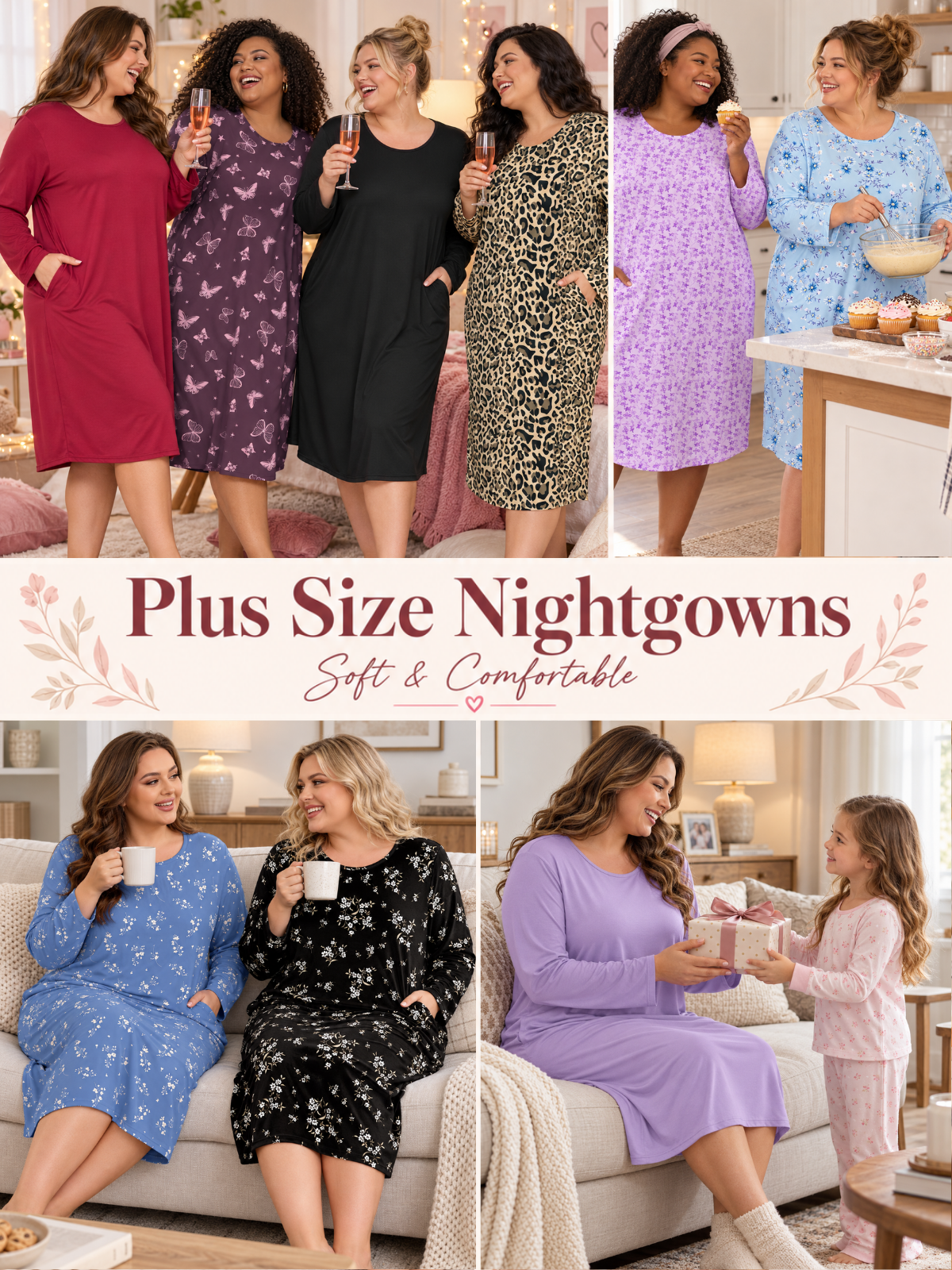 FEREMO Women Plus Size Nightgowns Long Sleeve Crew Neck Sleep Shirts with Pockets, 3 Pack