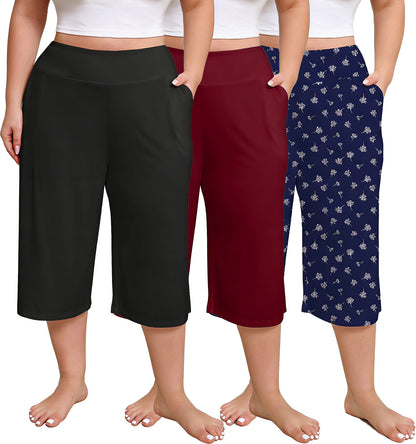 Women Plus Size Pajama Pant Capri Printed Sleep Pant with Pockets 3-Pack