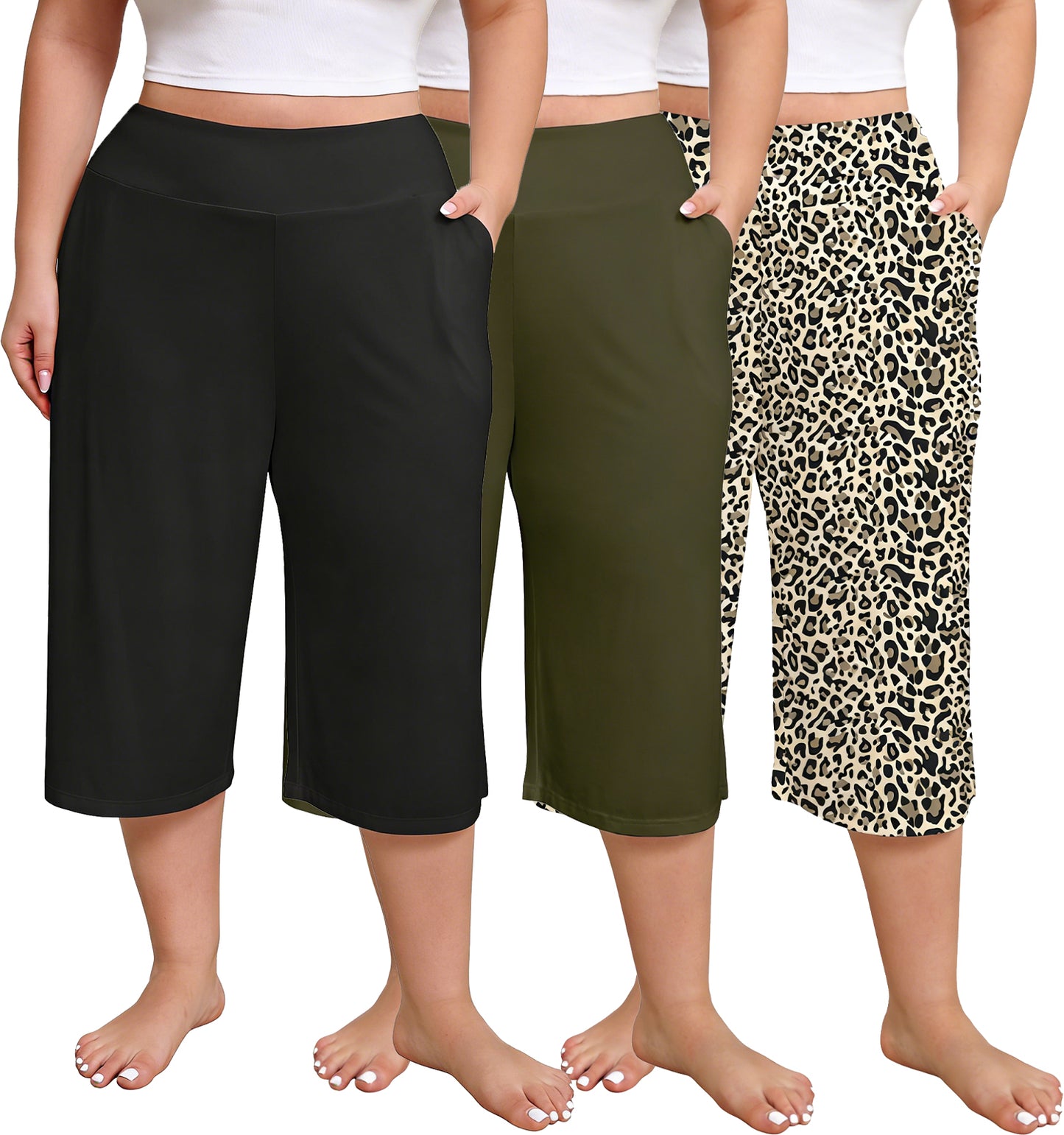 Women Plus Size Pajama Pant Capri Printed Sleep Pant with Pockets 3-Pack