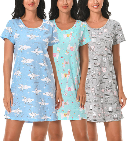 Cotton Nightgowns for Women Soft Nightshirts Printed Round Neck Sleep Dress 3 Pack