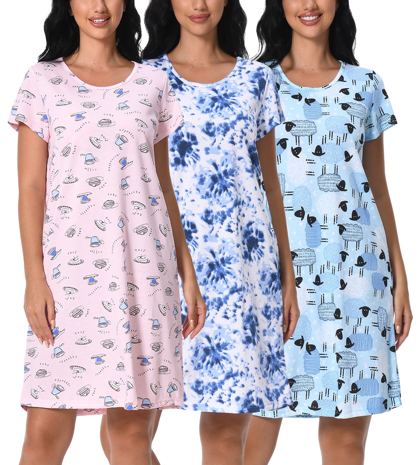 Cotton Nightgowns for Women Soft Nightshirts Printed Round Neck Sleep Dress 3 Pack