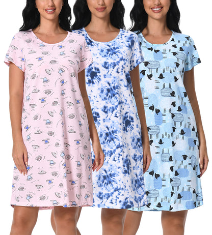 Cotton Nightgowns for Women Soft Nightshirts Printed Round Neck Sleep Dress 3 Pack