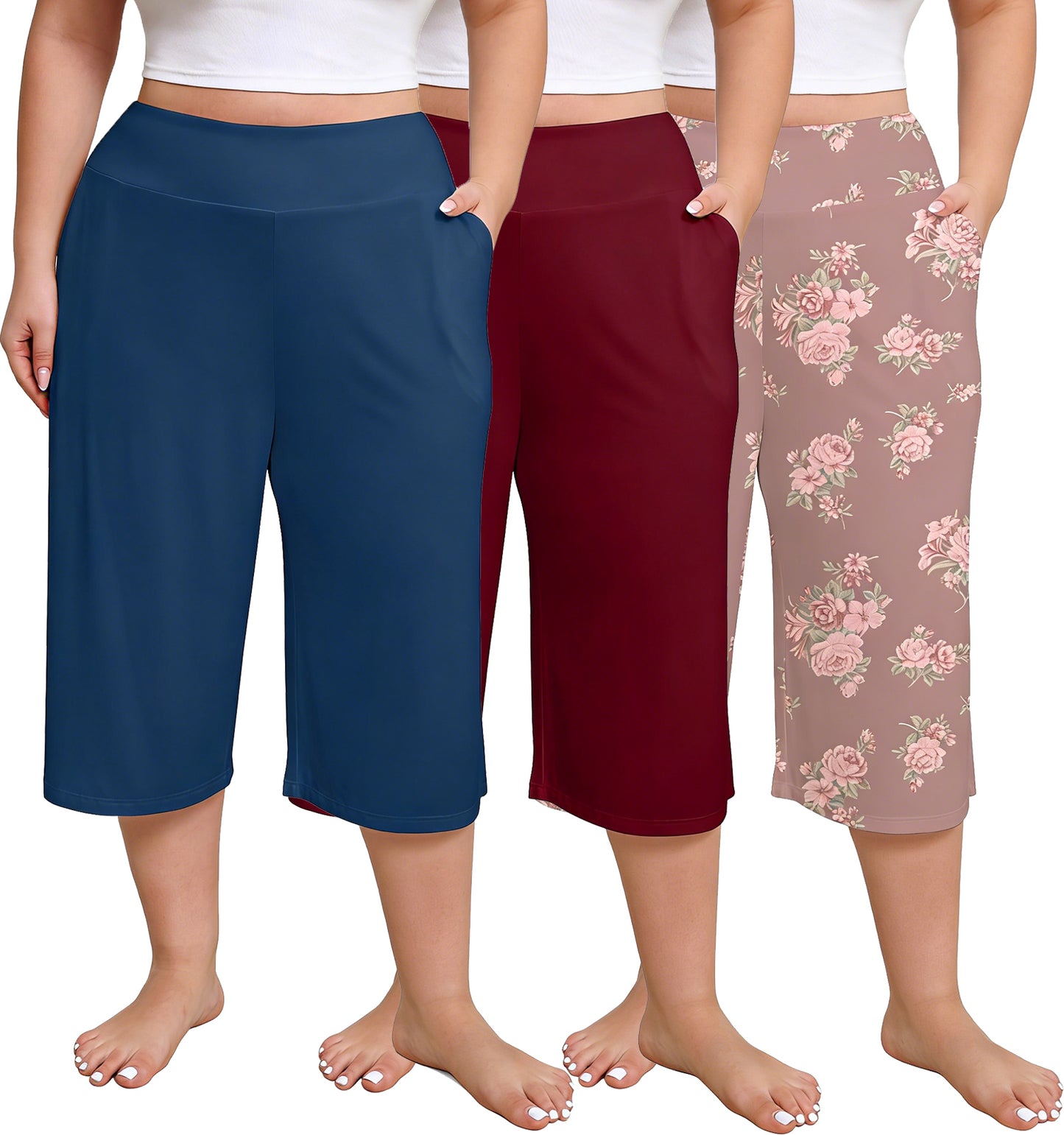 Women Plus Size Pajama Pant Capri Printed Sleep Pant with Pockets 3-Pack