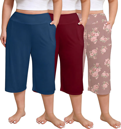 Women Plus Size Pajama Pant Capri Printed Sleep Pant with Pockets 3-Pack