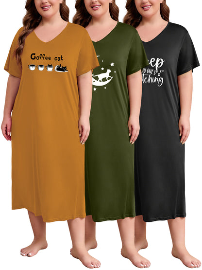 Nightgown for Women Plus Size Long Sleepwear Printed Comfy Sleep Shirts 3 Pack