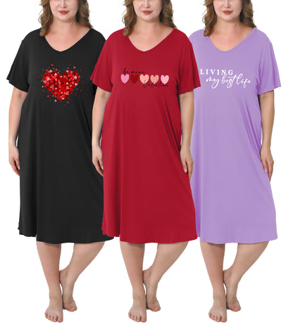 3 Pack Nightgowns for Women Plus Size V Neck Sleepwear Loose Comfy Night Gown