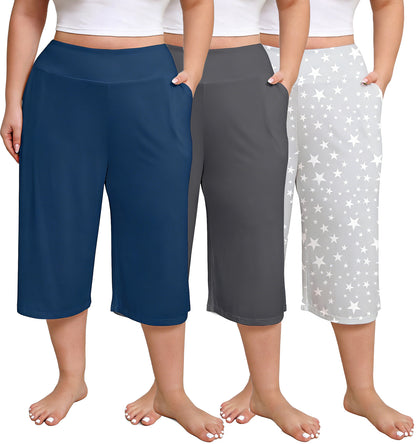 Women Plus Size Pajama Pant Capri Printed Sleep Pant with Pockets 3-Pack