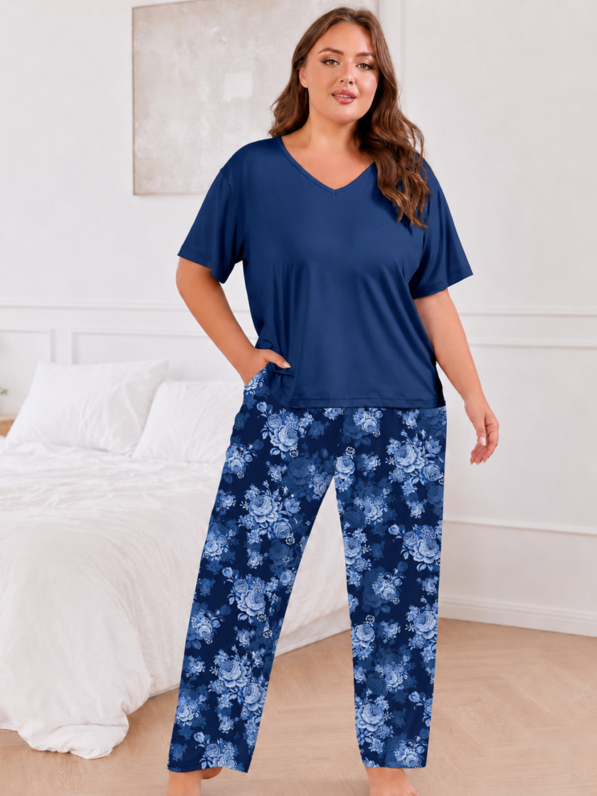 FEREMO Women Plus Size Pajamas Set Short Sleeve V Neck Sleepwear, 2 Piece Pjs Sets with Pockets