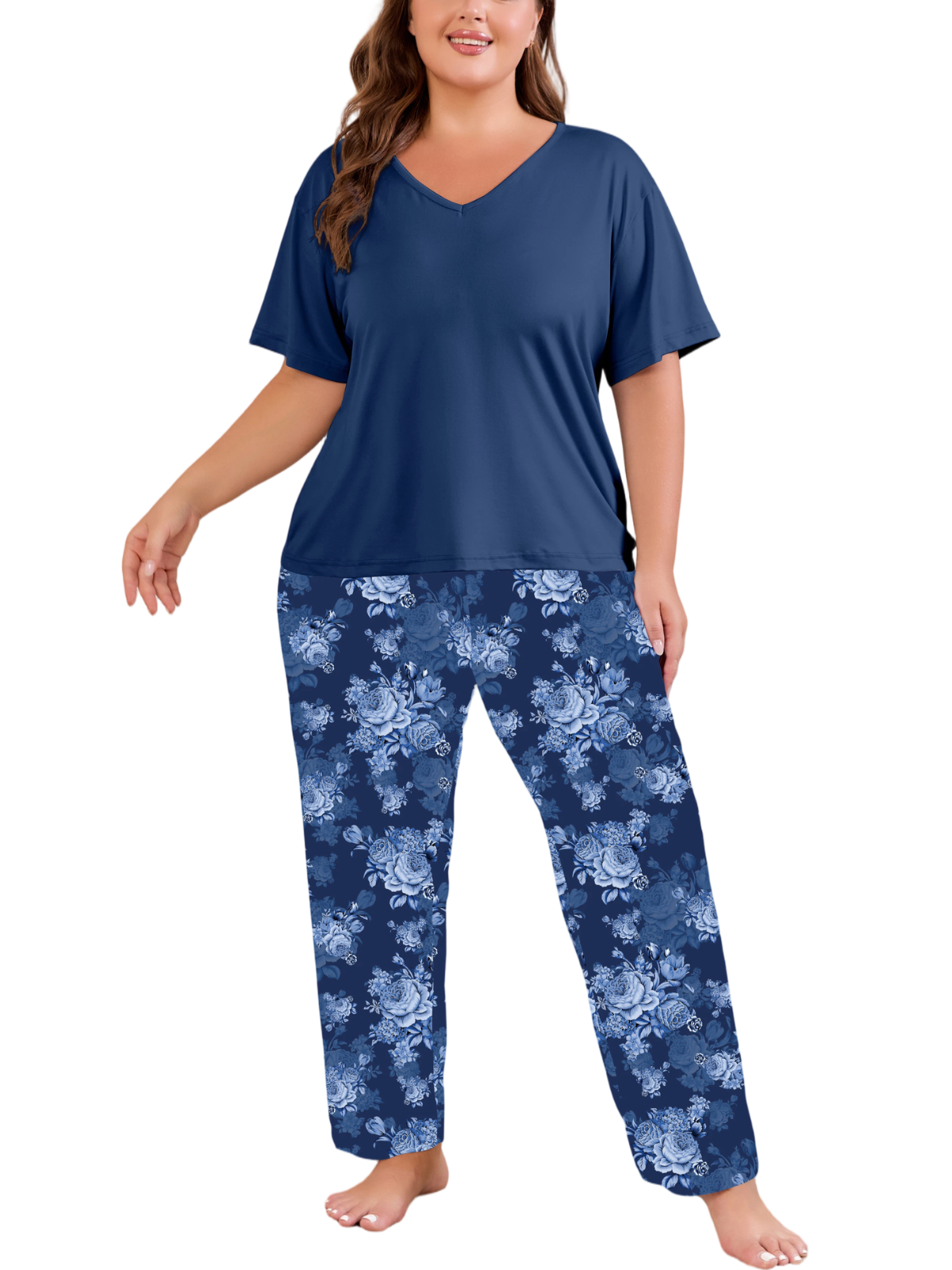 FEREMO Women Plus Size Pajamas Set Short Sleeve V Neck Sleepwear, 2 Piece Pjs Sets with Pockets