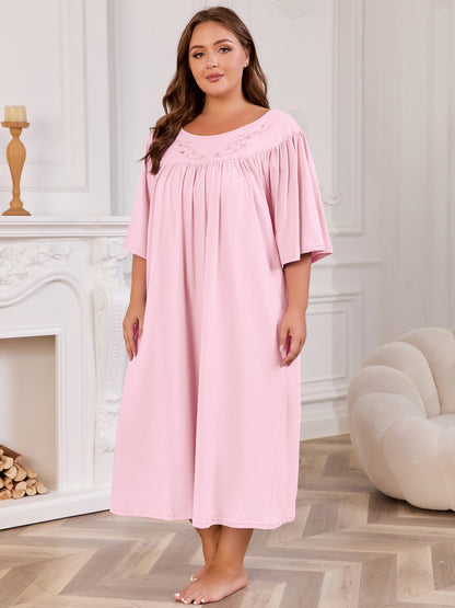 100% Cotton Nightgowns for Plus Size Women Pleated Soft Sleepwear with Pockets