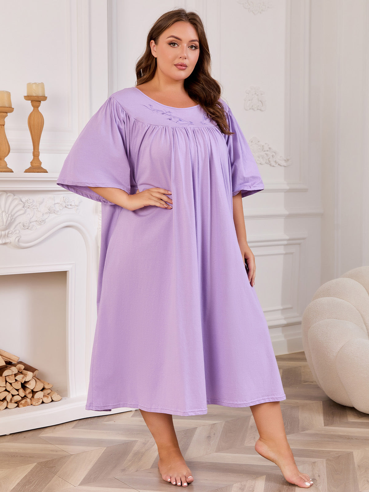 100% Cotton Nightgowns for Plus Size Women Pleated Soft Sleepwear with Pockets