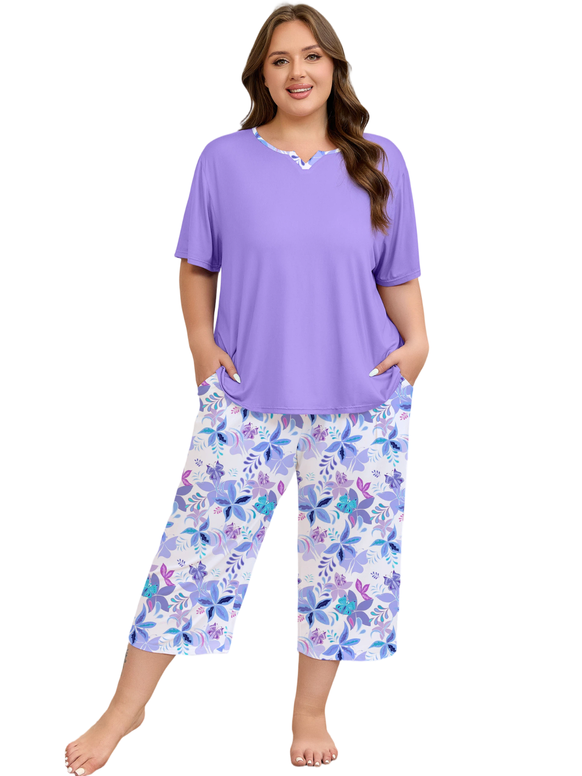 FEREMO Plus Size Women's Pajama Set Short Sleeve Shirt and Capri Pants Sleepwear Pjs Sets with Pockets
