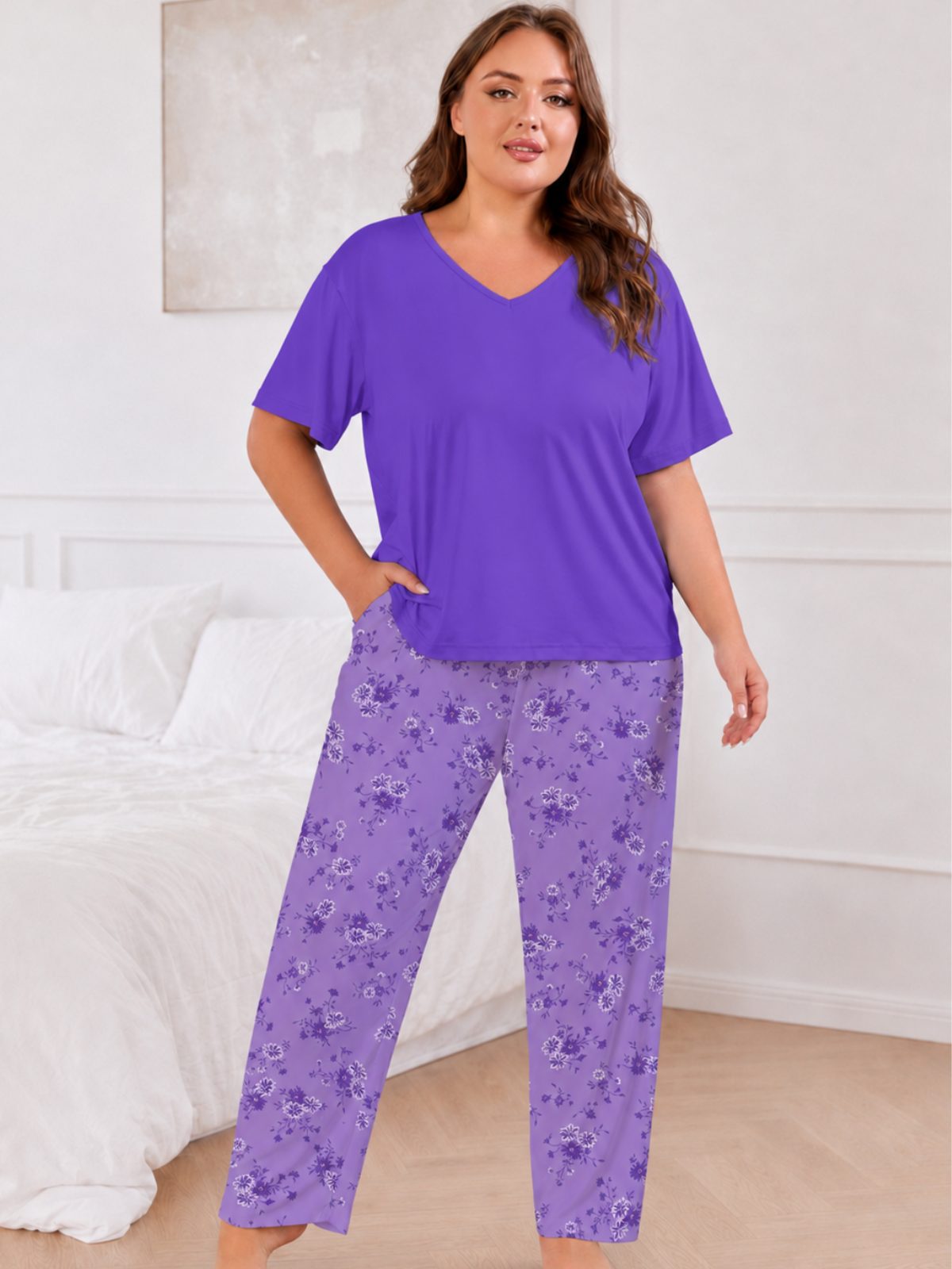 FEREMO Women Plus Size Pajamas Set Short Sleeve V Neck Sleepwear, 2 Piece Pjs Sets with Pockets