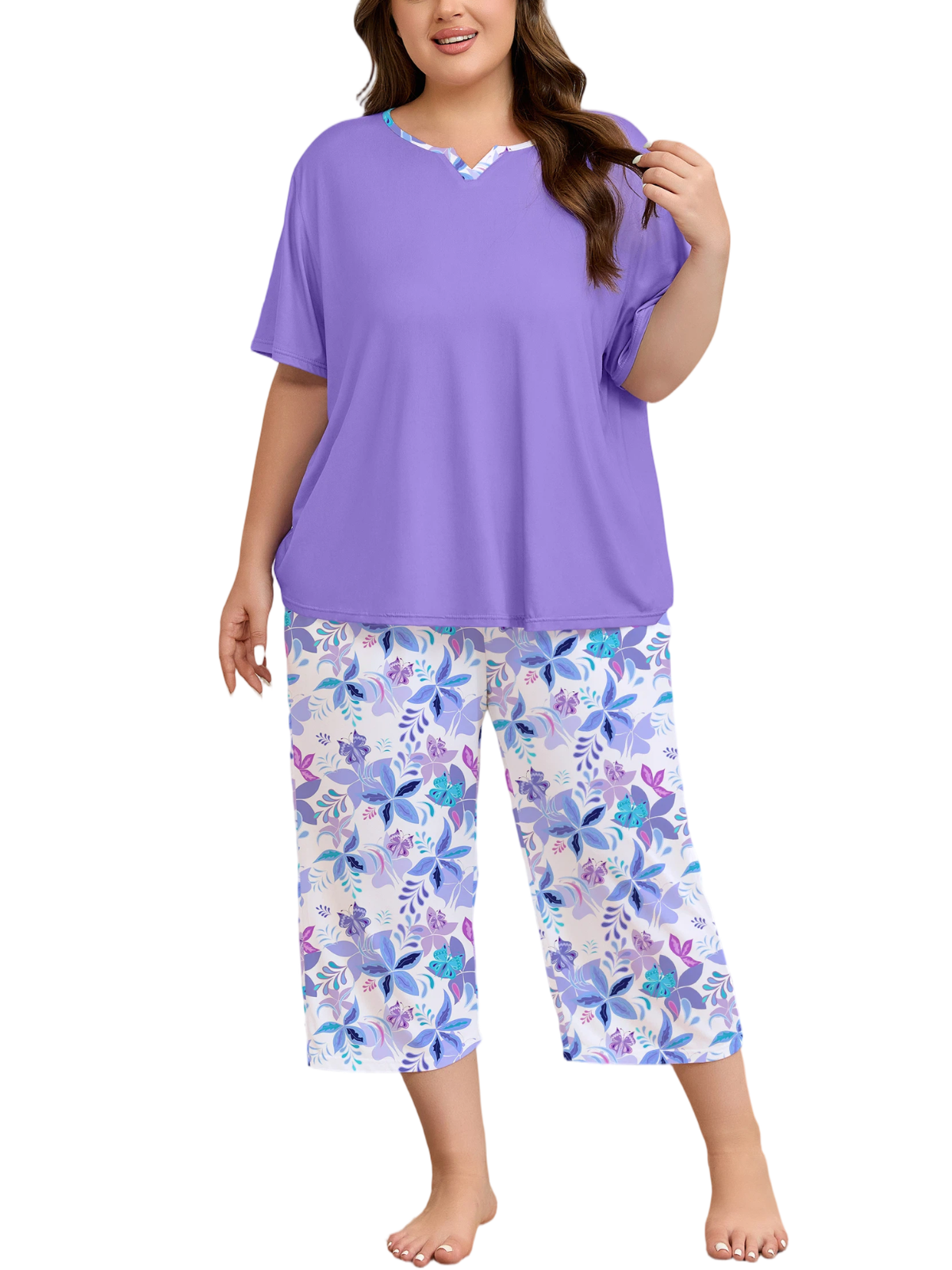 FEREMO Plus Size Women's Pajama Set Short Sleeve Shirt and Capri Pants Sleepwear Pjs Sets with Pockets