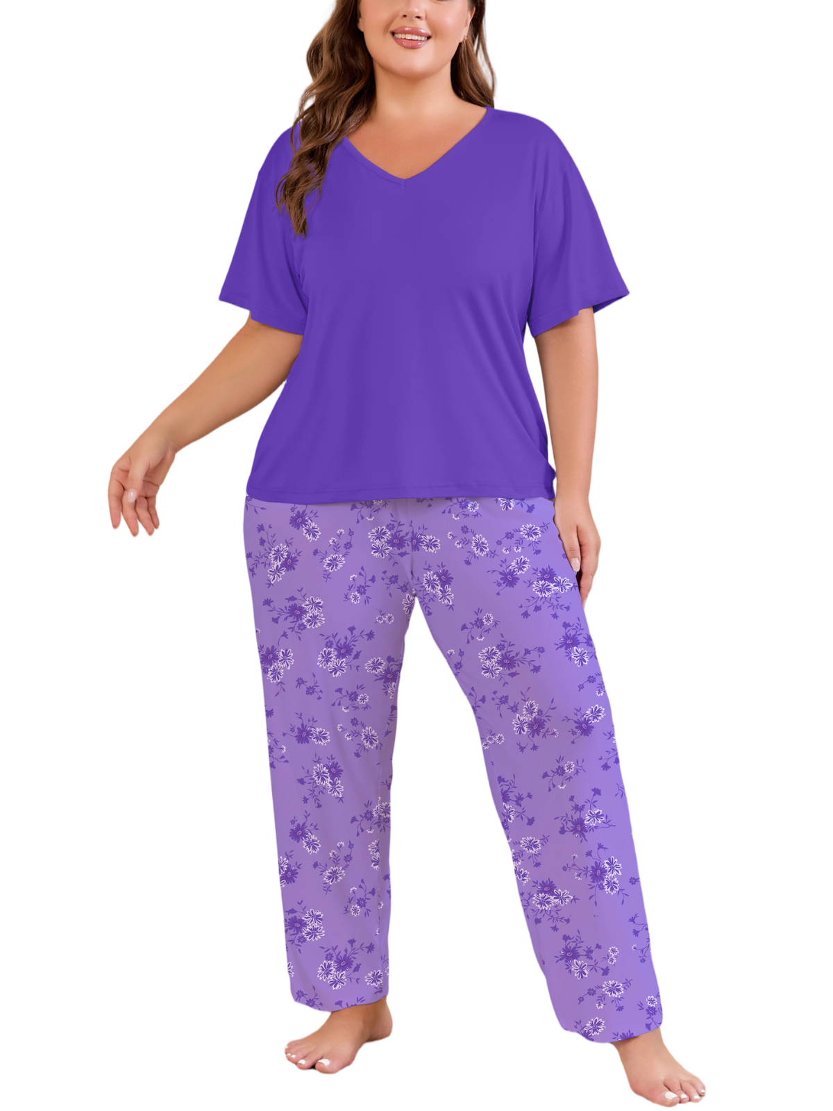 FEREMO Women Plus Size Pajamas Set Short Sleeve V Neck Sleepwear, 2 Piece Pjs Sets with Pockets