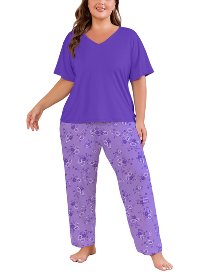 FEREMO Women Plus Size Pajamas Set Short Sleeve V Neck Sleepwear, 2 Piece Pjs Sets with Pockets