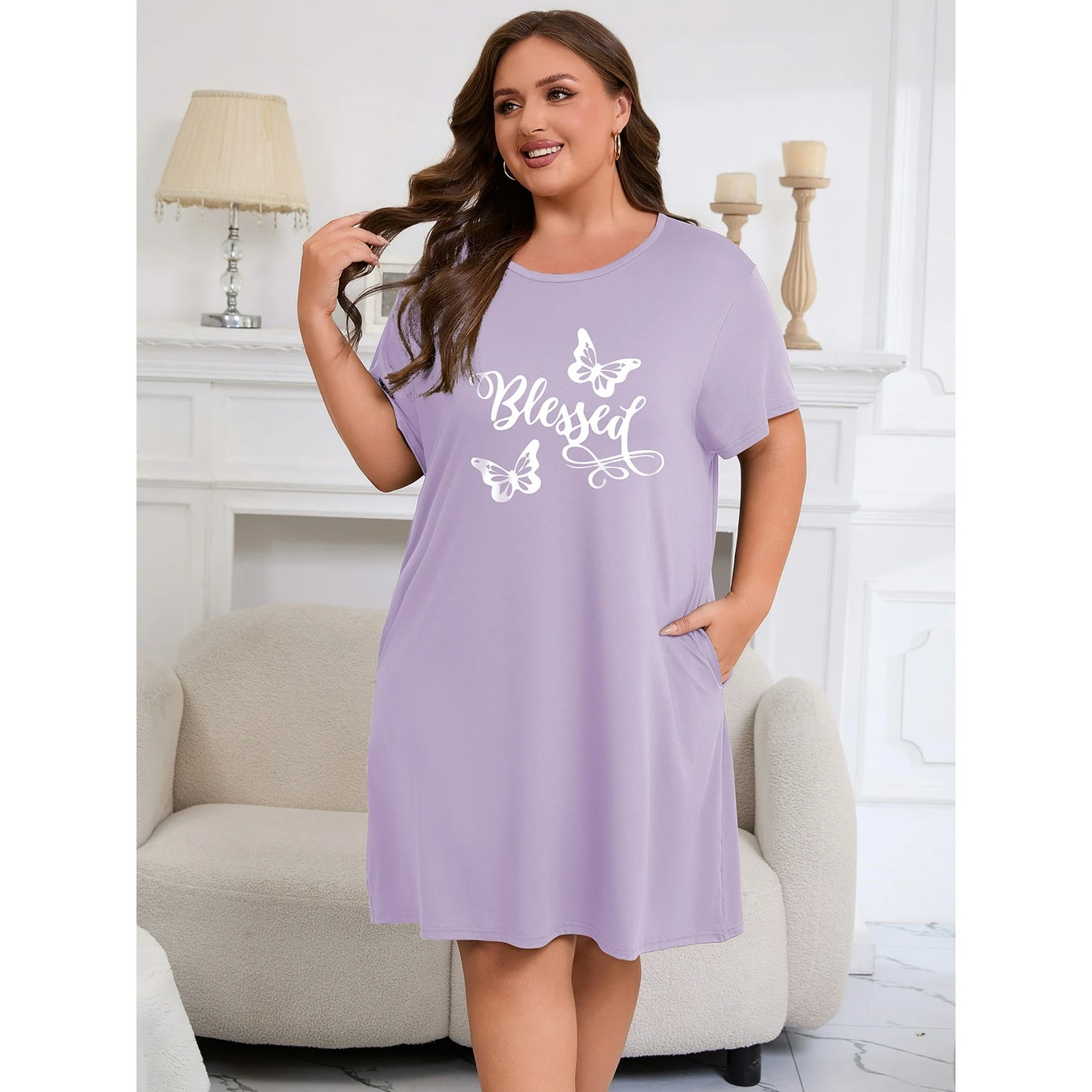 Nightgowns for Women Plus Size Print Pajama Dress Short Sleeves Sleepwear with Pockets 3 Pack