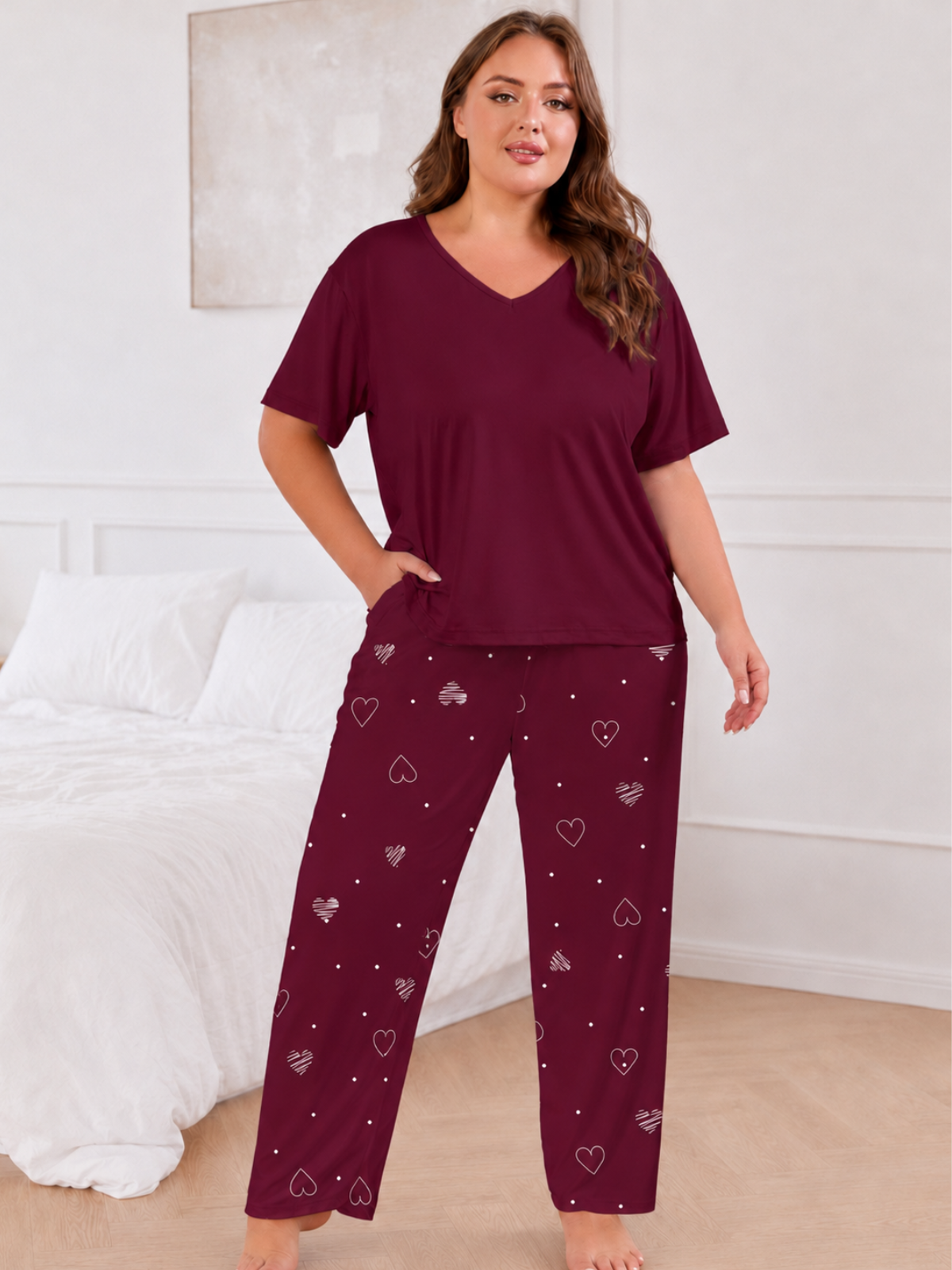 FEREMO Women Plus Size Pajamas Set Short Sleeve V Neck Sleepwear, 2 Piece Pjs Sets with Pockets