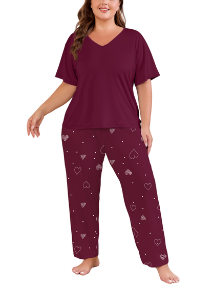 FEREMO Women Plus Size Pajamas Set Short Sleeve V Neck Sleepwear, 2 Piece Pjs Sets with Pockets