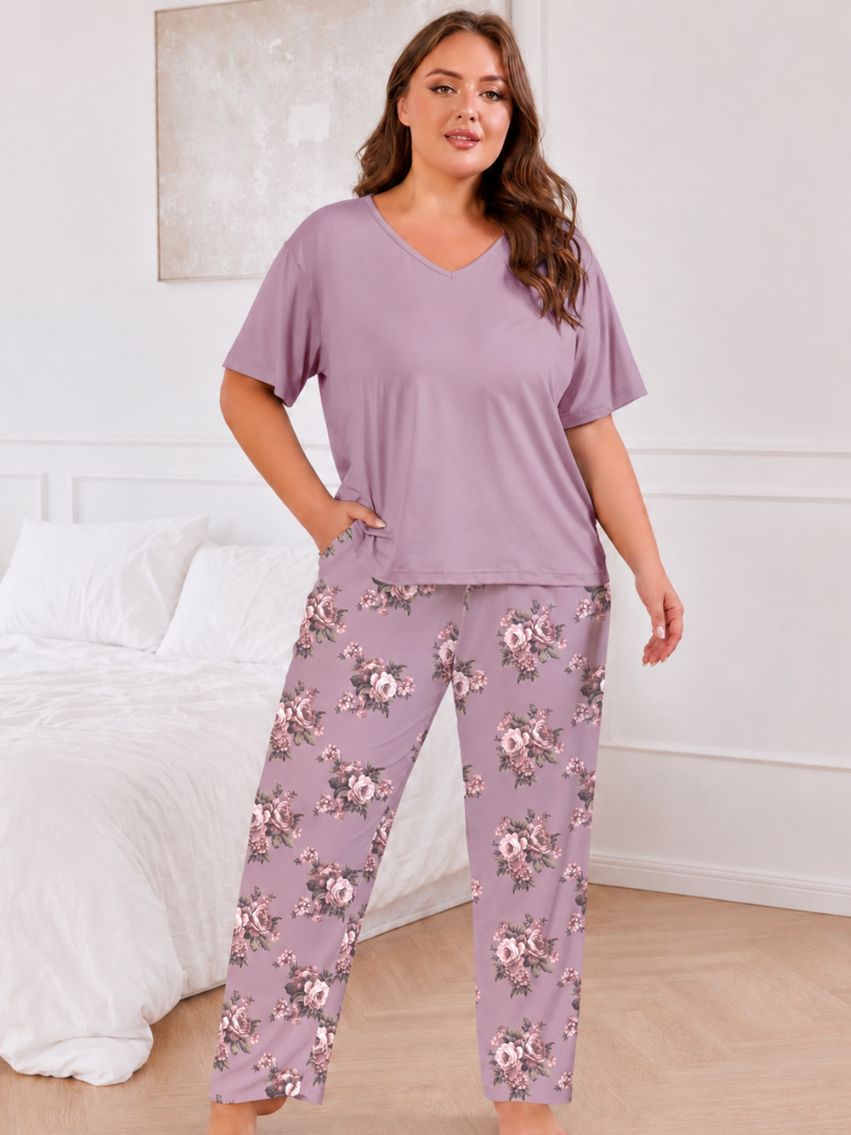 FEREMO Women Plus Size Pajamas Set Short Sleeve V Neck Sleepwear, 2 Piece Pjs Sets with Pockets