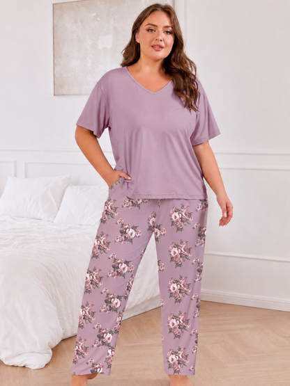 FEREMO Women Plus Size Pajamas Set Short Sleeve V Neck Sleepwear, 2 Piece Pjs Sets with Pockets