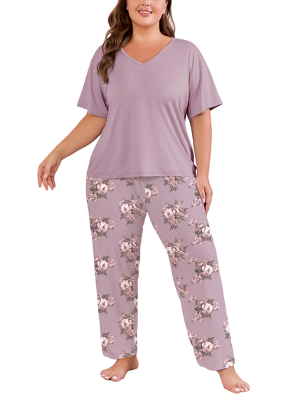FEREMO Women Plus Size Pajamas Set Short Sleeve V Neck Sleepwear, 2 Piece Pjs Sets with Pockets