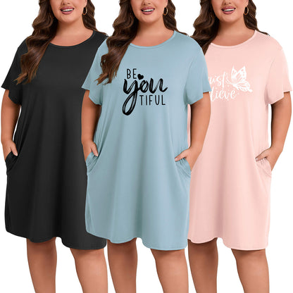 Plus Size Nightgowns for Women Short Sleeve Knee Length Sleepwear with Pockets