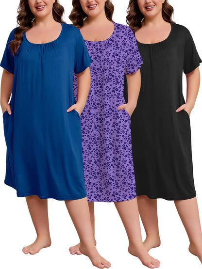 FEREMO Nightgowns for Women Plus Size Pleated Sleepwear with Pockets 3 Pack
